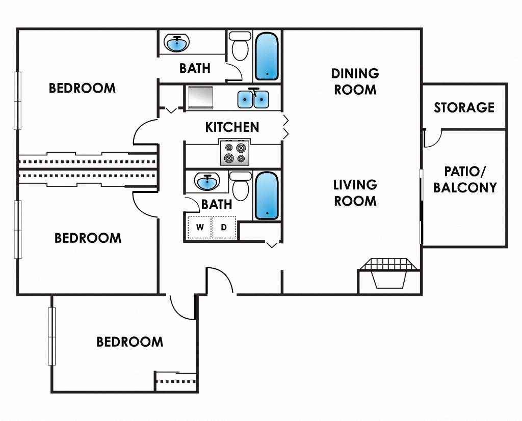 Floor plan for 3 beds, 2 baths, 1414 sqft